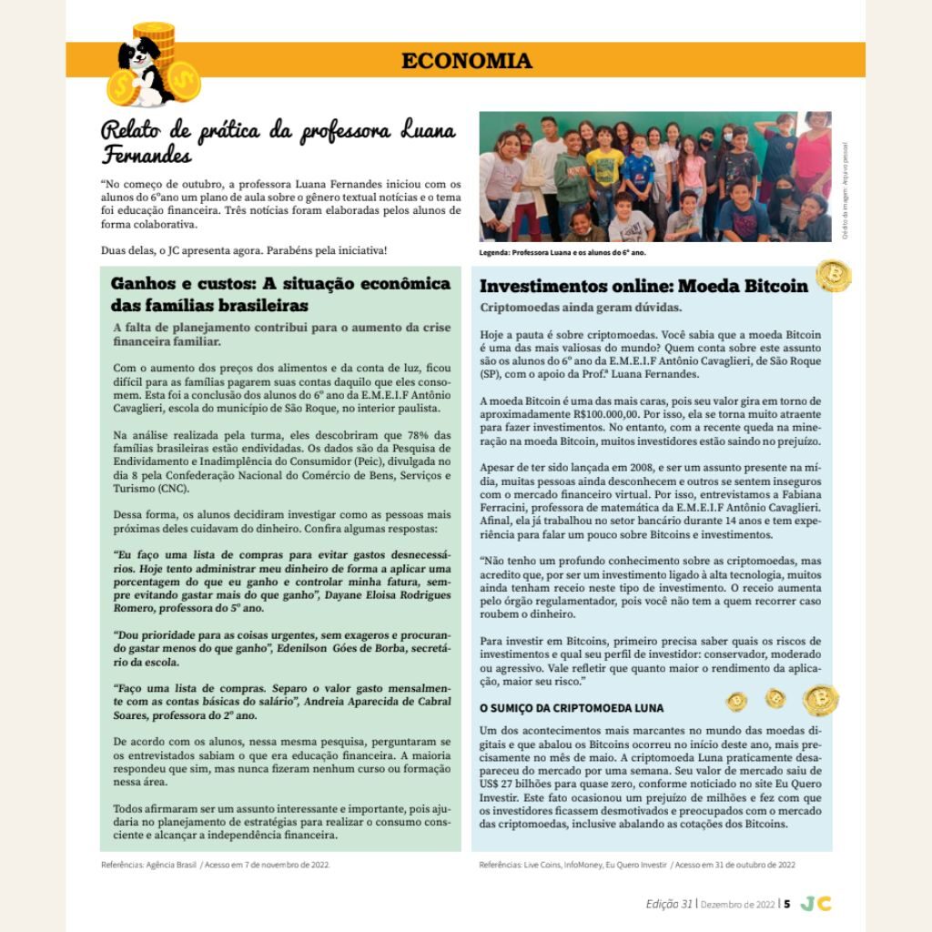 Textos sobre educação financeira produzidos por alunos da rede municipal de ensino de São Roque (SP) e publicados na edição nº 31 do Jornal da Criança
