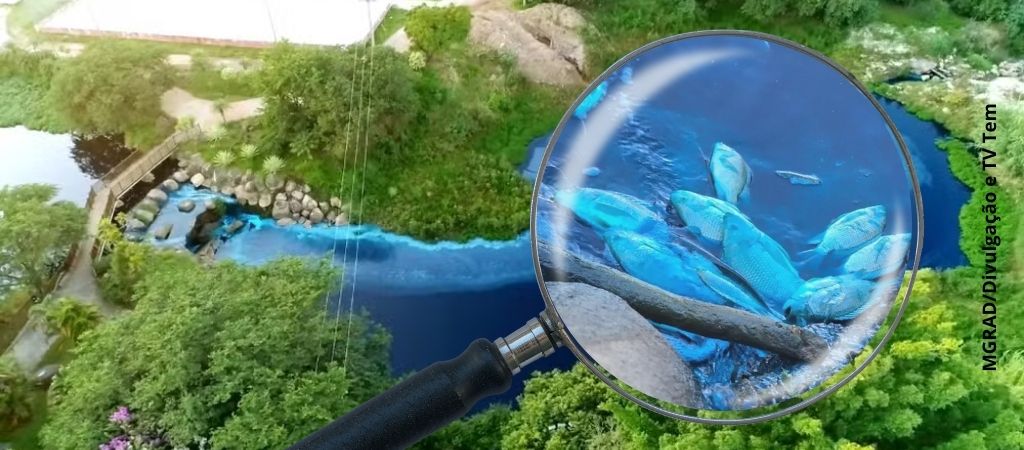 Rio em Jundiai fica completamente azul após carreta derramar produto químico