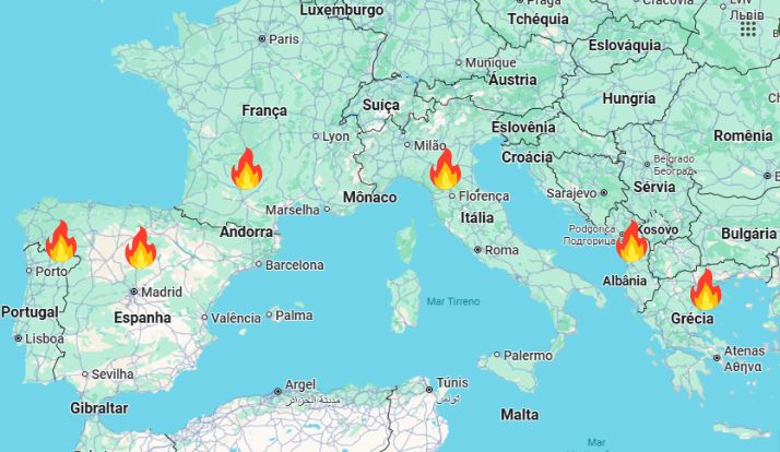 Mapa do fogo na Europa